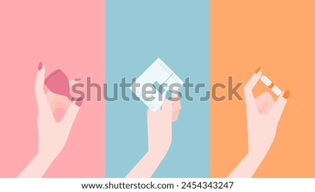 Set of beautiful female hands holding sanitary products (napkins, tampons, menstrual cups)