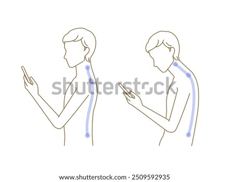 Illustration set of a man with straight neck (smartphone neck) and good posture