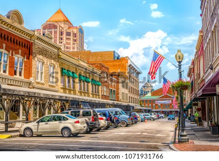 Small Town quaint USA main street hometown commercial storefront shops with flag in downtown Roanoke Virginia ストックフォト © 