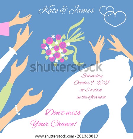 Vector wedding card with bride who throws her wedding bouquet