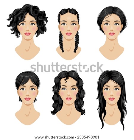 Set of hairstyles for woman, six different styles of hairdressing for short and long hair, vector illustration, eps10