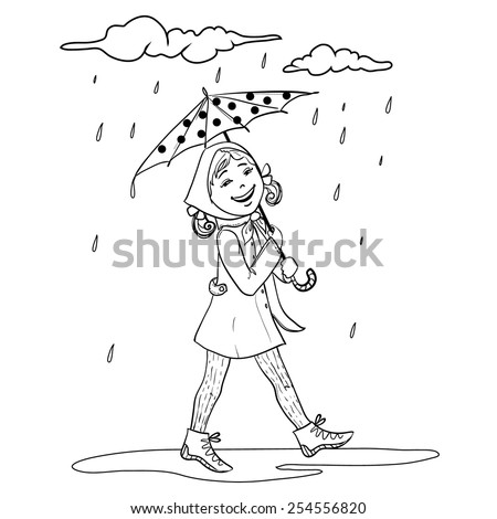 Little Cartoon Girl With Umbrella, Outline Isolated On White Stock ...