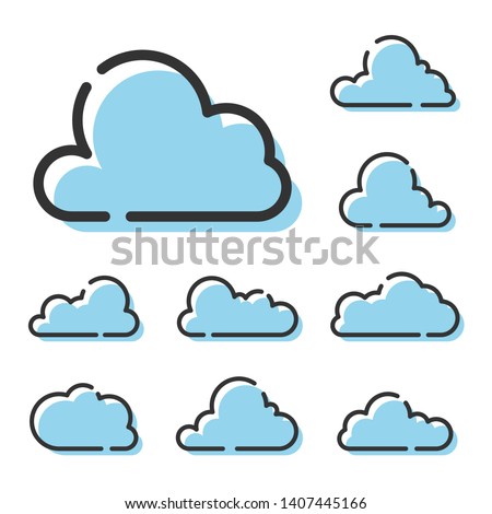 Set of Cloud Line Icons isolated on white background. Black outline icon with shifted blue flat fill. Vector symbol of meteorology, cloudy weather. Modern graphics for web design, illustration.