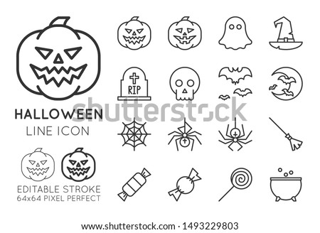 Halloween line icon set. Pumpkin, ghost, witch hat, grave, scull, bat, moon, spider web, candies, magic pot. Pixel perfect editable stroke vector simple outline illustration isolated.