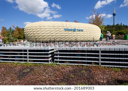 GUNZBURG, GERMANY - AUGUST 27: Legoland Gunzburg. Allianz Arena - football stadium in Munich, Bavaria, made from lego blocks on August 27, 2012 in Gunzburg, Germany.