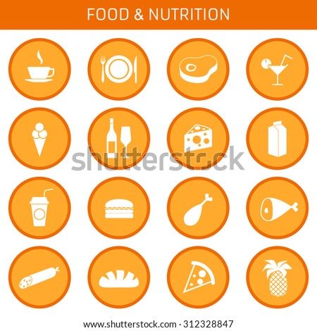 Icons food, coffee, meat, drink, ice cream, wine, cheese, milk, drinks, hamburger, chicken, ham, sausage, bread, pizza. Design flat.
