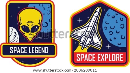 Set of isolated cosmos or universe concept chevron or astronaut patch, galaxy explorer stripe or cosmonaut retro badge. Logo with shuttle and rocket, satellite and solar system. Mars exploration theme