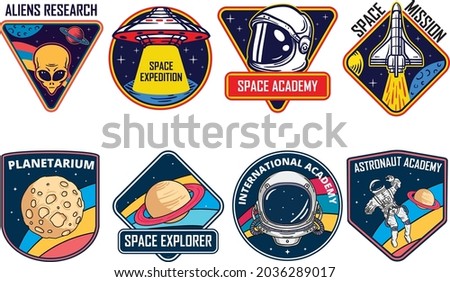 Set of isolated astronaut chevron or spaceman suit patches. Icons for cosmos or universe exploration, planet colonization with satellite and rocket, planet rover. Space and shuttle