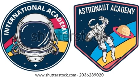 Set of isolated cosmos or universe concept chevron or astronaut patch, galaxy explorer stripe or cosmonaut retro badge. Logo with shuttle and rocket, satellite and solar system. Mars exploration theme