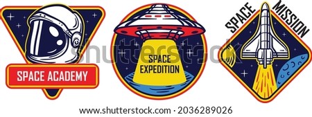 Space patches, galaxy exploration and astronaut mission vector badges and spaceship emblems. Vintage t shirt print design, space forces rocket, mars and moon expedition shuttle
