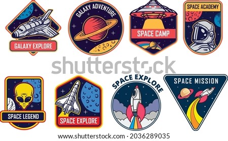 Set of isolated cosmos or universe concept chevron or astronaut patch, galaxy explorer stripe or cosmonaut retro badge. Logo with shuttle and rocket, satellite and solar system. Mars exploration theme
