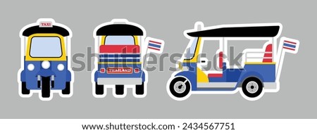 Tuk Tuk taxi travel in Thailand sticker isolated on white background. Thai transportation icon design element. Cartoon vector illustration.