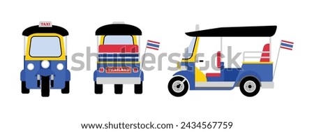 Tuk Tuk taxi travel in Thailand isolated on white background. Thai transportation icon design element. Cartoon vector illustration.