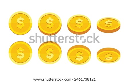 Gold coin with dollar sign rotation vector illustration set isolated on white background. Business and finance concept design element.