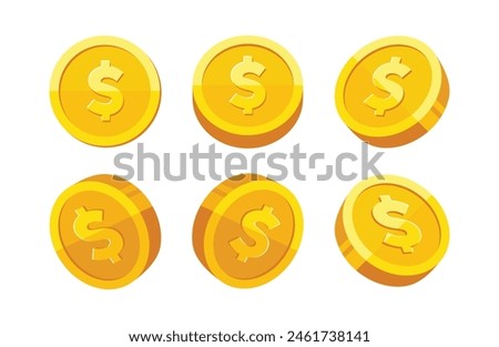 Gold coin with dollar sign rotation vector illustration set isolated on white background. Business and finance concept design element.