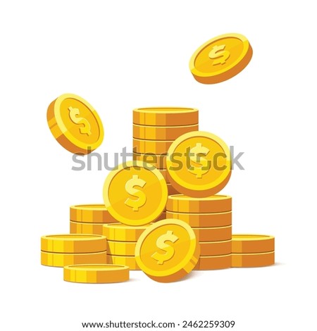 Heap of gold coins with us dollar currency sign vector illustration isolated on white background. Money coin stack pile. Business and finance concept design element.