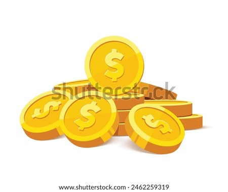 Gold coins with us dollar currency sign vector illustration isolated on white background. Money heap coin pile. Business and finance concept design element.