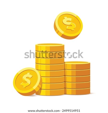 Heap of gold coins with us dollar currency sign vector illustration isolated on white background. Money coin stack pile. Business and finance concept design element.