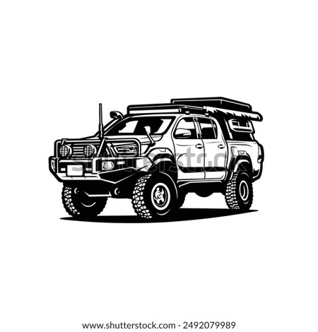 Overland vehicle vector. Double cabin offroad pickup truck black and white monochrome vector isolated