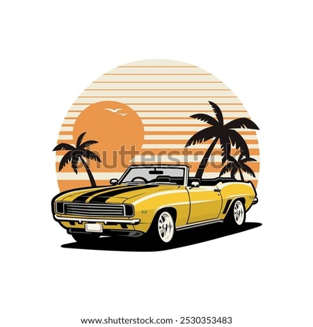 Classic cabriolet muscle car in beach vector illustration. Best for automotive tshirt design