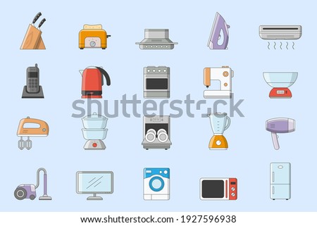 Home machines Icons set - Vector color symbols of refrigerator, vacuum, microwave, blender, oven, kettle and other appliances for the site or interface