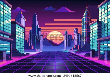 You find yourself in the heart of Neonopolis, a sprawling 16-bit metropolis buzzing with arcade energy. Majestic pixelated buildings rise around you, set against a violet horizon filled with neon ligh