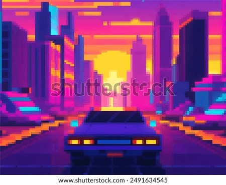 You find yourself in Neonopolis, a vibrant 16-bit metropolis buzzing with arcade energy. Pixelated buildings rise majestically, and your trusty car hums beneath you as you blaze through the neon-lit n