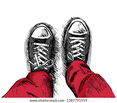 High Angle View of Legs Wearing Shoes Illustration Hand Drawn Sketch