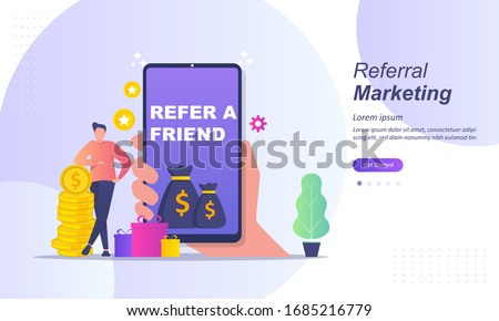 Refer A Friend Concept Design, Customer referral, People share info about referral and earn money. Suitable for web landing page, ui, mobile app, banner template. Vector Illustration