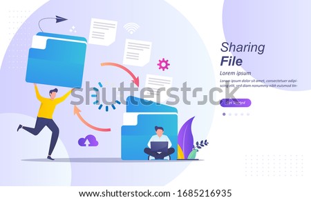 Sharing file, file transferred encrypted form, transfer of documentation, migration concept, Suitable for web landing page, ui, mobile app, banner template. Vector Illustration. 