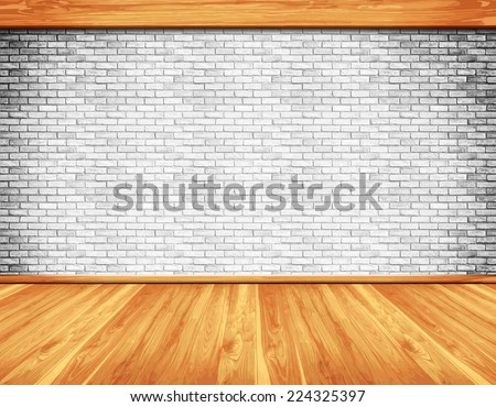 Empty clean interior with white brick wall and natural douglas fir wooden rustic floor