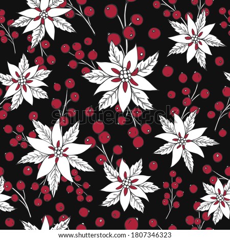 Vector seamless pattern with poinsettia and berries. Can be used for wallpaper, pattern fills, surface textures, fabric prints. Winter background. Background for Christmas and New Year design. 