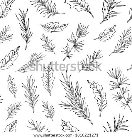 Pine needles and leaves hand drawn seamless pattern. Botanical hand drawn vector background. Great for greeting cards, backgrounds, holiday decor. Background for Christmas and New Year design.