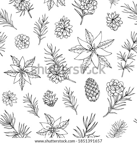 Vector seamless pattern with poinsettia, pine cone and pine needles. Can be used for wallpaper, pattern fills, surface textures, fabric prints. Winter background. 