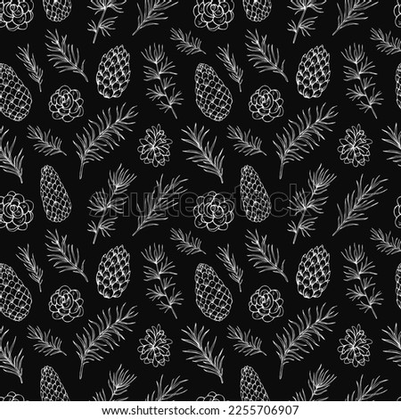 Pine cone and fir tree seamless pattern. Botanical hand drawn. Great for greeting cards, backgrounds, holiday decor. Background for Christmas and New Year design.