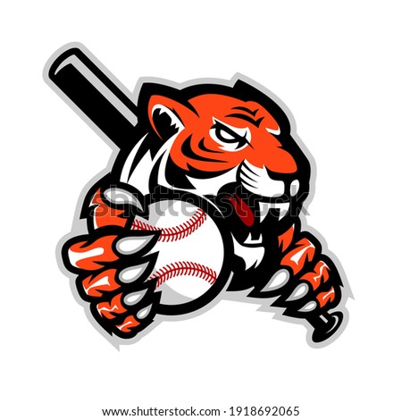 Tigers Baseball team design with head mascot Tiger holding ball and Baseball Bat . Great for team or school mascot or t-shirts and others.