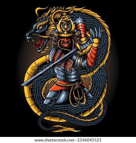 	
Japanese samurai warrior with dragon vector illustration	
