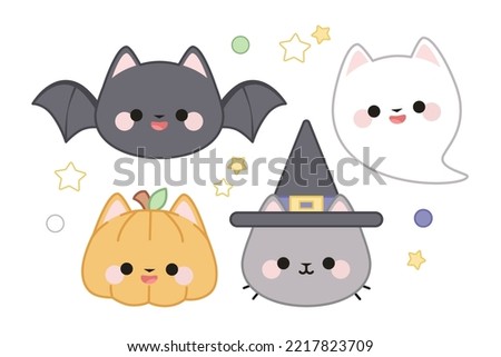 A set of a gray cat in a witch's hat, a pumpkin cat, a ghost cat and a cat bat with stars and green and purple dots.