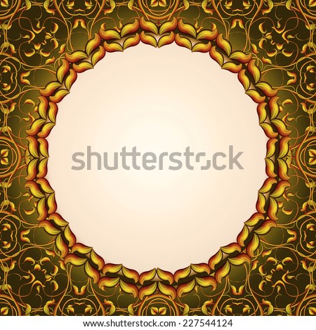 Gold Retro Fantasy Christmas frame with Fantastic Elements. Beautiful elfish foliage on bright colorful backdrop. Photo frame, decorative border, invitation template, wedding card and other.