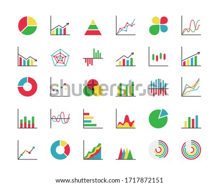Business statistics colorful icon set. Collection of 30 abstract graphs/charts/diagrams. Infographics, data analysis, stats tools. Vector illustration. 