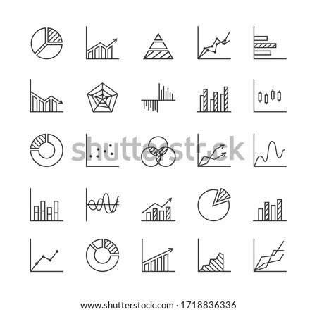 Statistics - line icon set. Collection of 25 graphs/charts/diagrams. Infographics, data analysis, stats tools. Isolated on white background. Vector illustration.