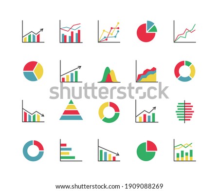 Business statistics colorful icon set. Collection of 20 abstract graphs, charts, diagrams... Infographics, data analysis, stats tools. Vector illustration. 