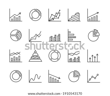Statistics - line icon set with editable stroke. Collection of 20 graphs, charts, diagrams... Infographics, data analysis, stats tools. Isolated on white background. Vector illustration.