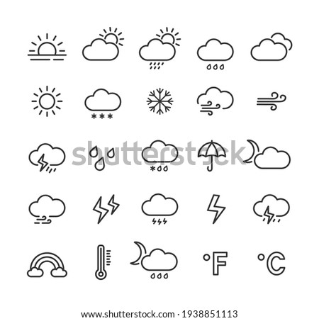 Weather line icon set with editable stroke. Outline collection of meteorology symbols. Vector illustration.