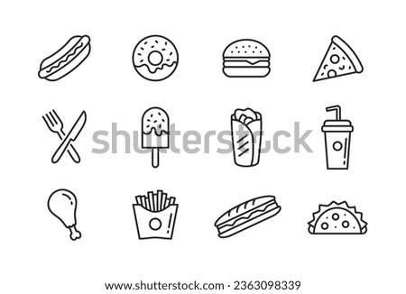 Fast food line icon set with editable stroke. Vector illustration