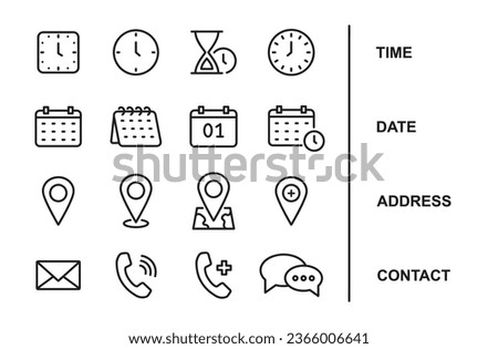 Time, date, address - location, contact - line icon set with editable stroke. Vector illustration.