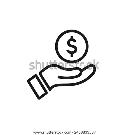 Dollar coin, money on hand - conceptual line icon with editable stroke. Finance symbol. Vector illustration.