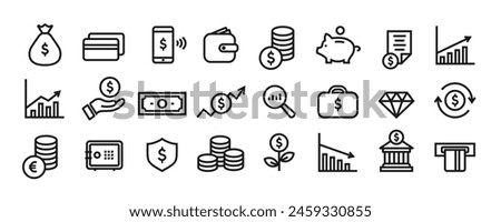 Finance - line icon set with editable stroke. Outline business and economy web icons. Money, bank, payment. Vector illustration.