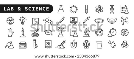 Lab and science line icon set. Editable stroke. Laboratory equipment icons. Flask, microscope, syringe, pipette, petri dish... Simple outline symbols. Vector Illustration