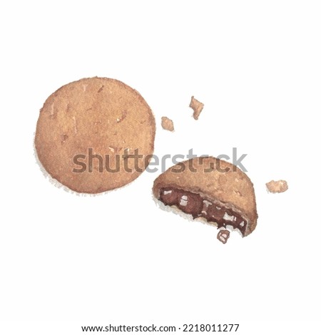 Watercolor painting illustration of dark chocolate lava stuffed cookies with crumbs.